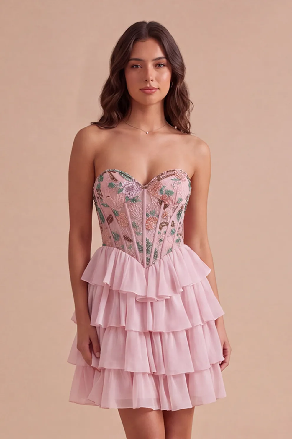 Pink Sparkly Beaded Sequins Floral Strapless Short Homecoming Dress