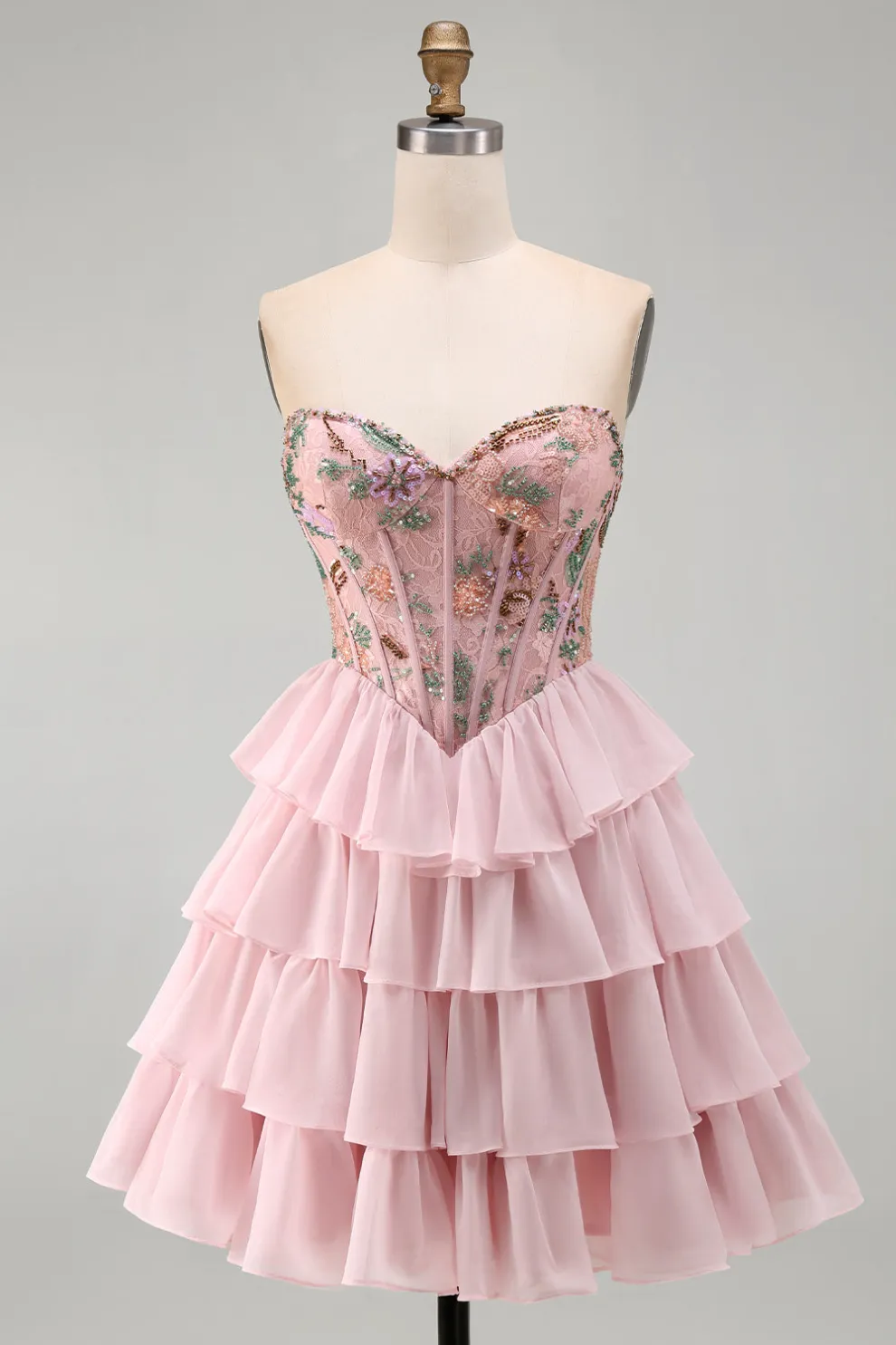 Pink Sparkly Beaded Sequins Floral Strapless Short Homecoming Dress