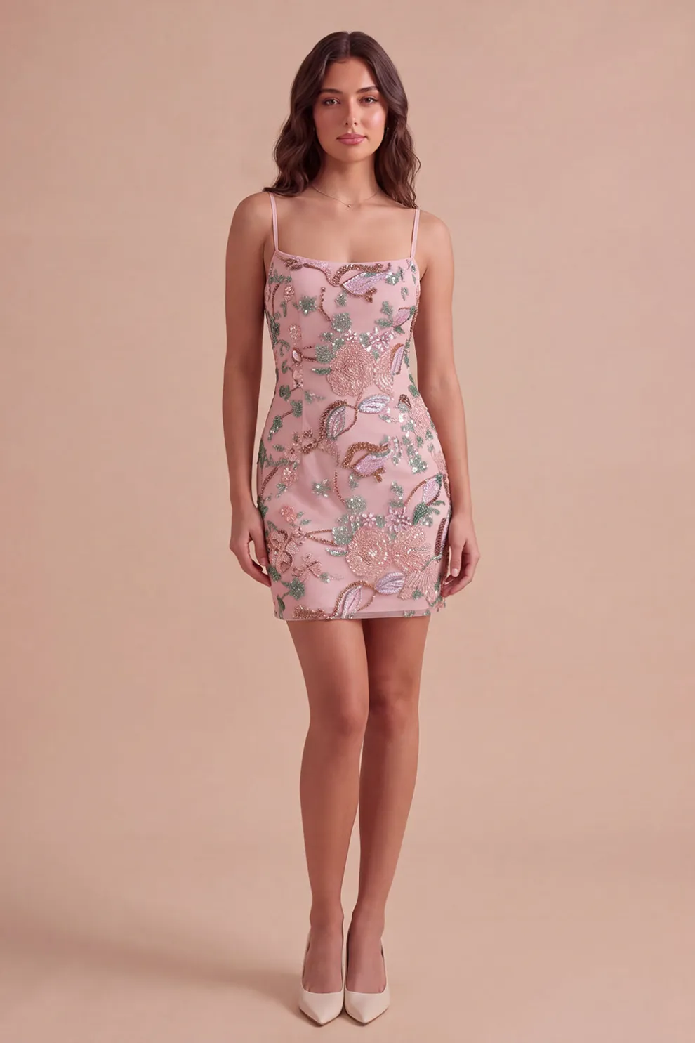 Pink Sparkly Floral Beaded Sequins Bodycon Short Homecoming Dress