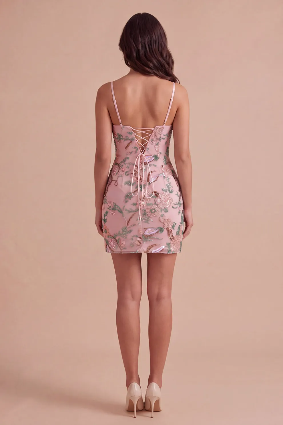 Pink Sparkly Floral Beaded Sequins Bodycon Short Homecoming Dress