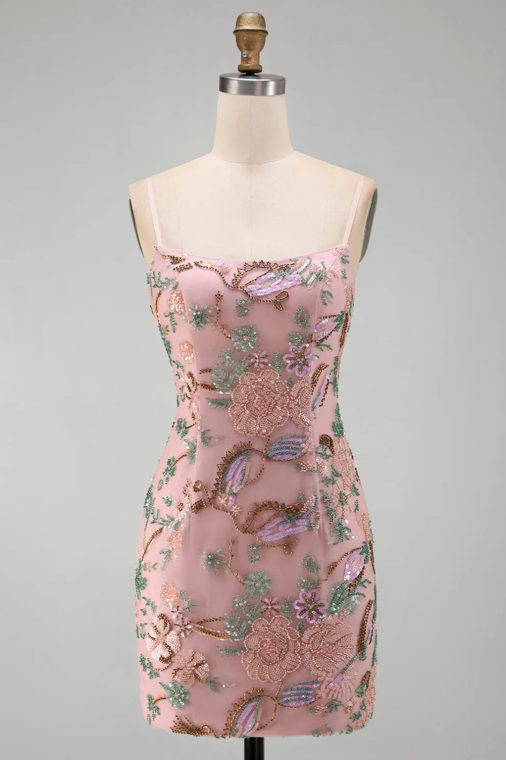 Pink Sparkly Floral Beaded Sequins Bodycon Short Homecoming Dress
