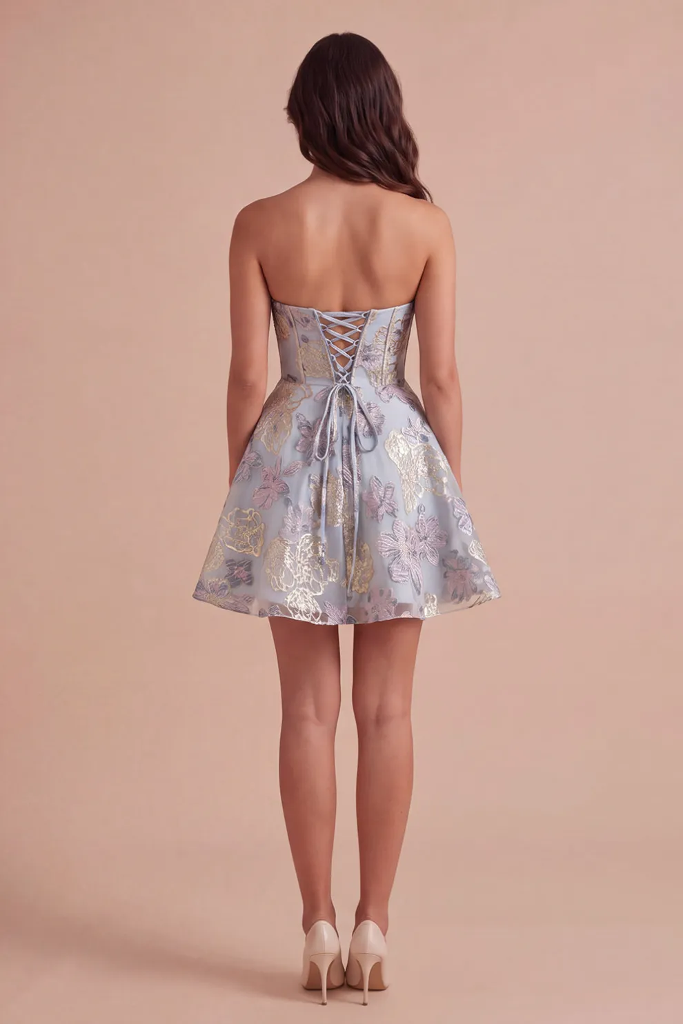 Blue Jacquard Floral Corset A-Line Strapless Short Homecoming Dress