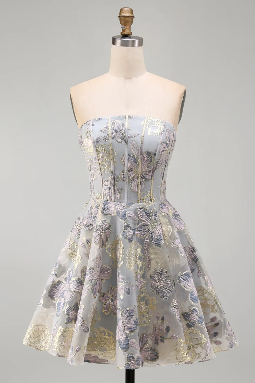 Blue Jacquard Floral Corset A-Line Strapless Short Homecoming Dress