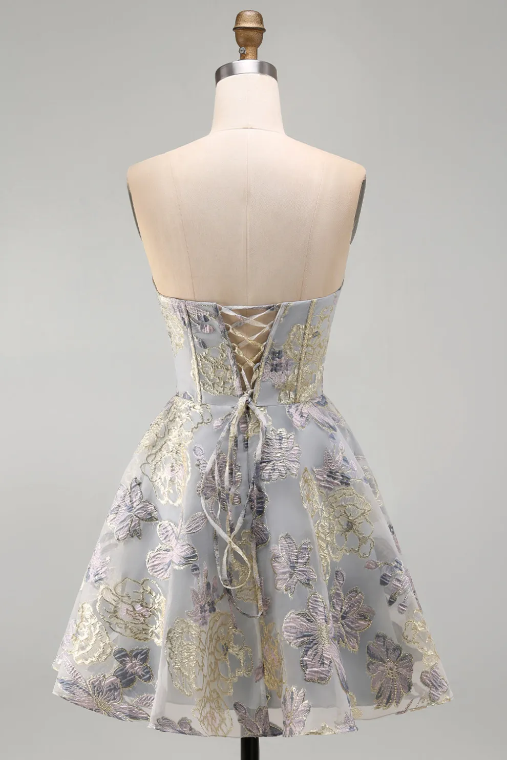 Blue Jacquard Floral Corset A-Line Strapless Short Homecoming Dress
