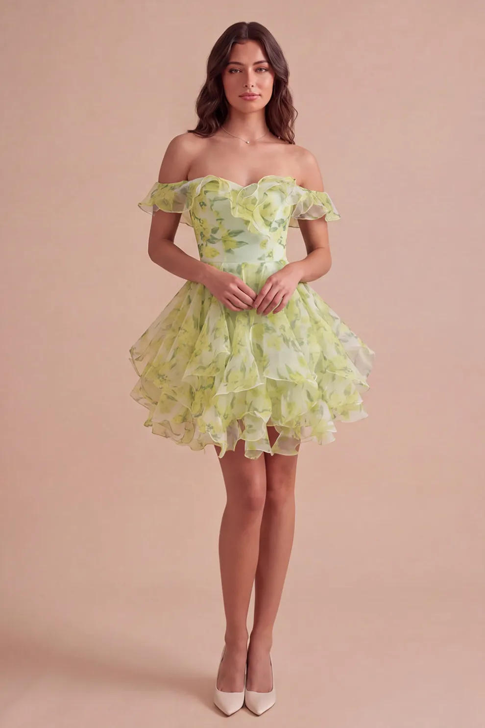 Yellow Green Floral Corset Off the Shoulder Ruffled Short Homecoming Dress