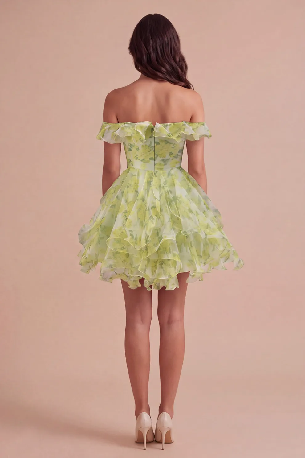 Yellow Green Floral Corset Off the Shoulder Ruffled Short Homecoming Dress