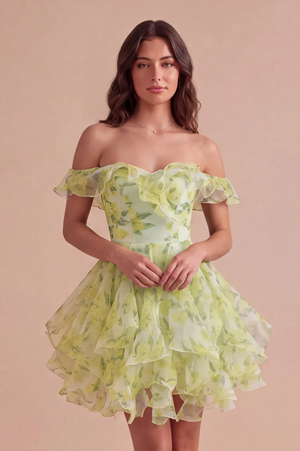 Yellow Green Floral Corset Off the Shoulder Ruffled Short Homecoming Dress