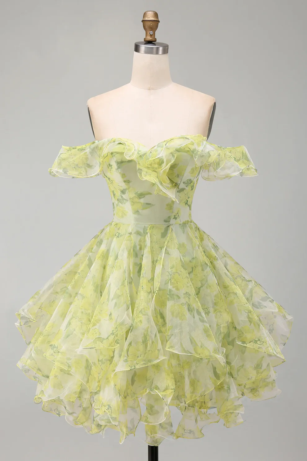 Yellow Green Floral Corset Off the Shoulder Ruffled Short Homecoming Dress