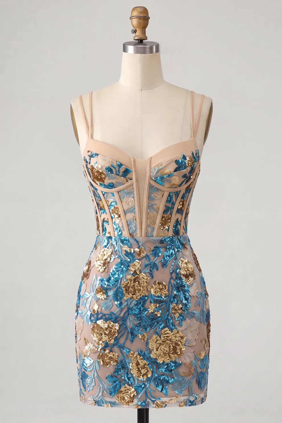 Blue Floral Sparkly Sequins Corset Bodycon Spaghetti Straps Short Homecoming Dress