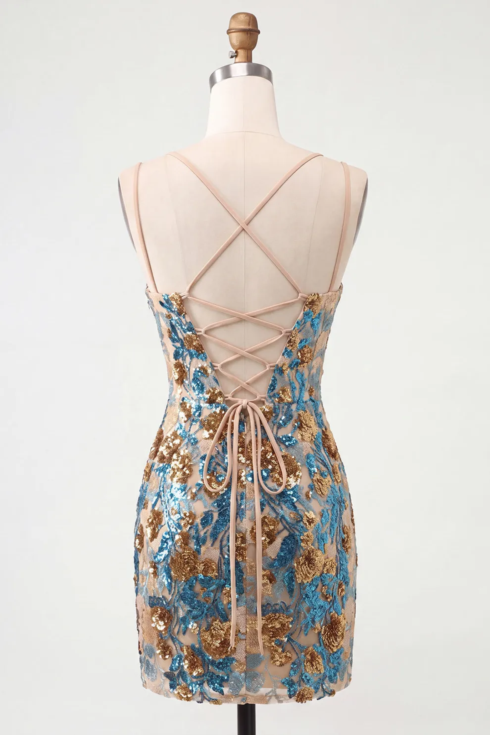 Blue Floral Sparkly Sequins Corset Bodycon Spaghetti Straps Short Homecoming Dress