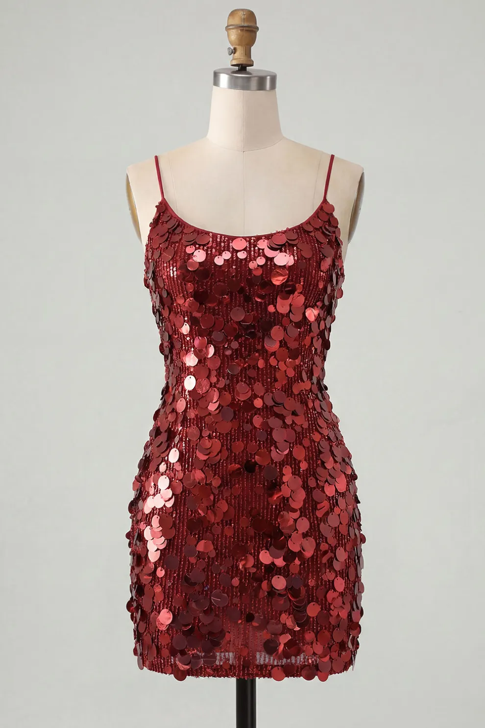 Burgundy Sparkly Sequins Bodycon Spaghetti Straps Short Homecoming Dress