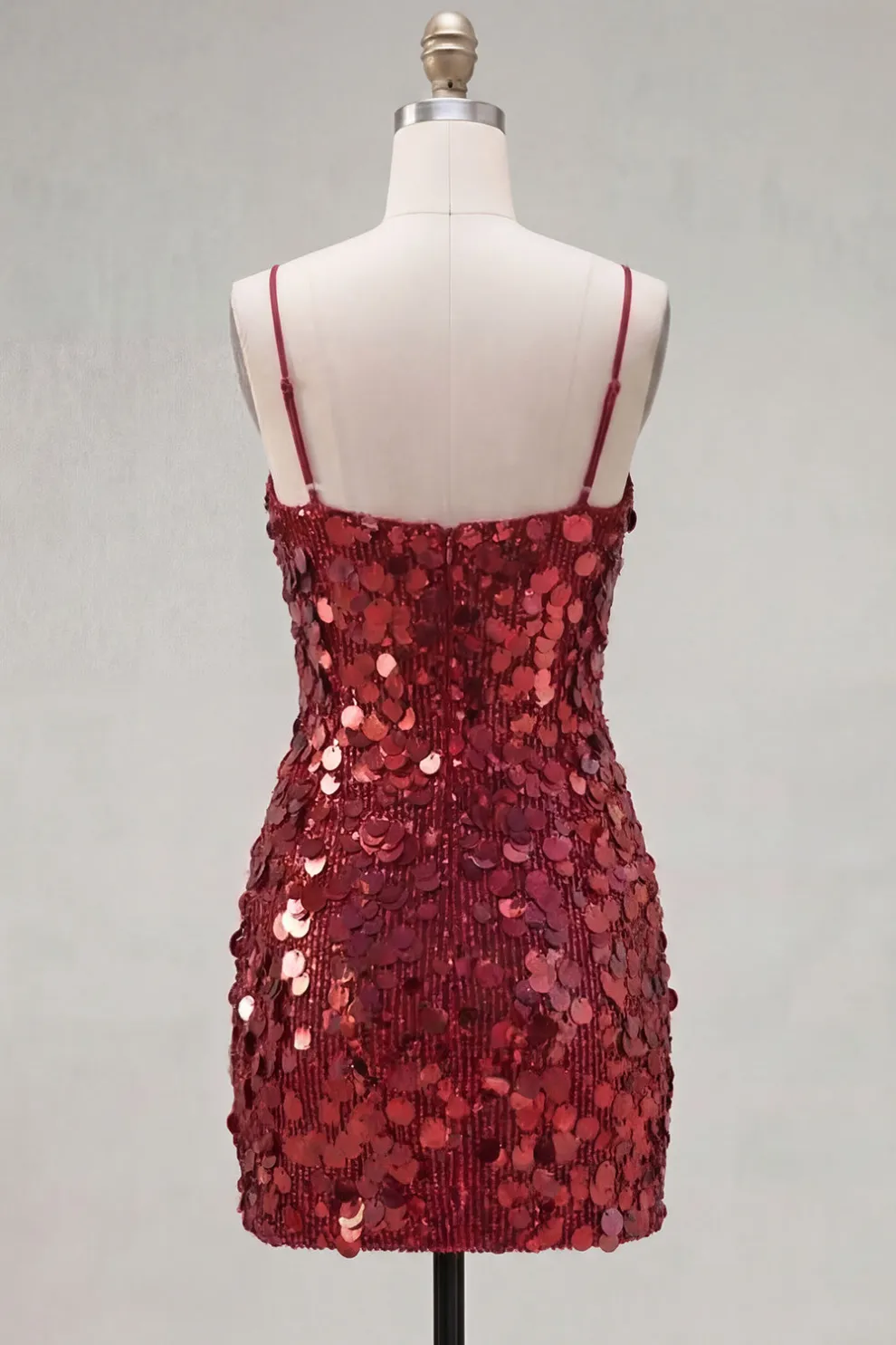 Burgundy Sparkly Sequins Bodycon Spaghetti Straps Short Homecoming Dress