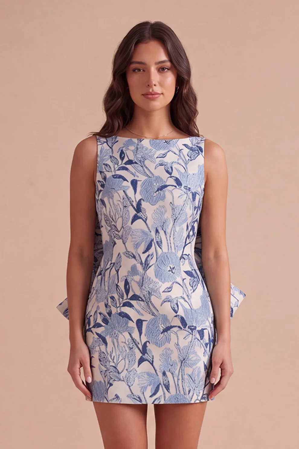 Pink Green Floral Jacquard Boat Neck Bodycon Short Homecoming Dress with Bow