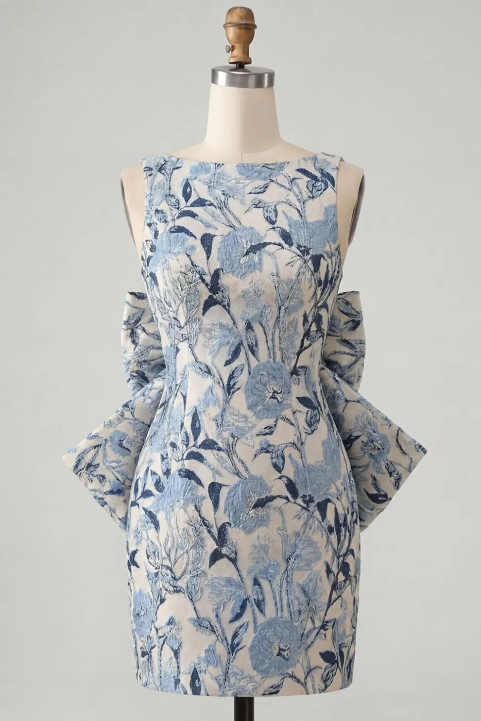 Pink Green Floral Jacquard Boat Neck Bodycon Short Homecoming Dress with Bow