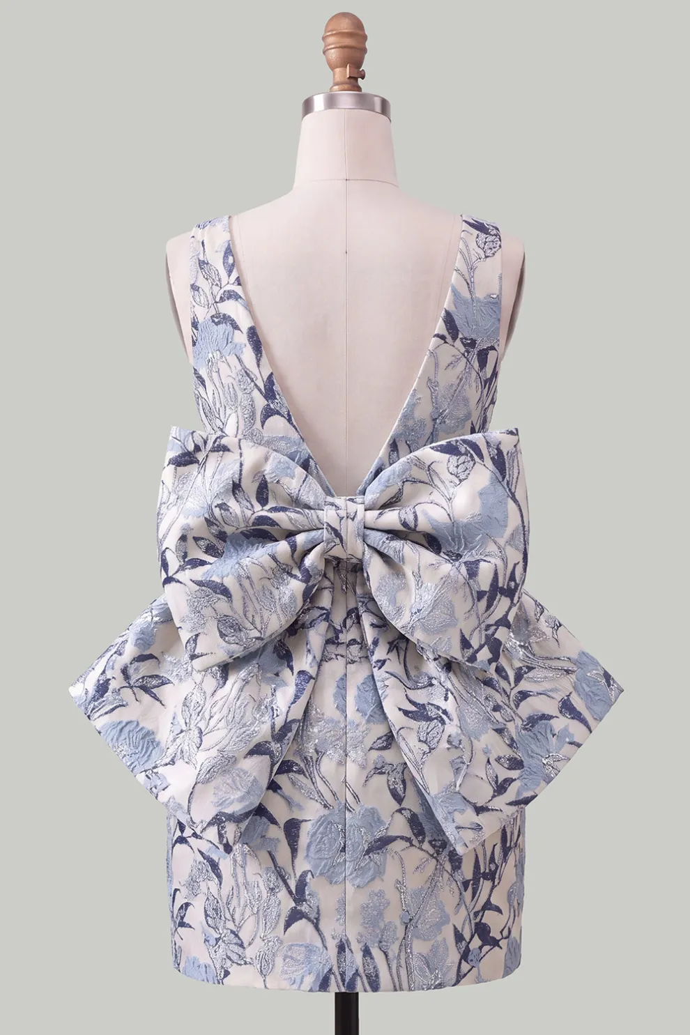 Pink Green Floral Jacquard Boat Neck Bodycon Short Homecoming Dress with Bow
