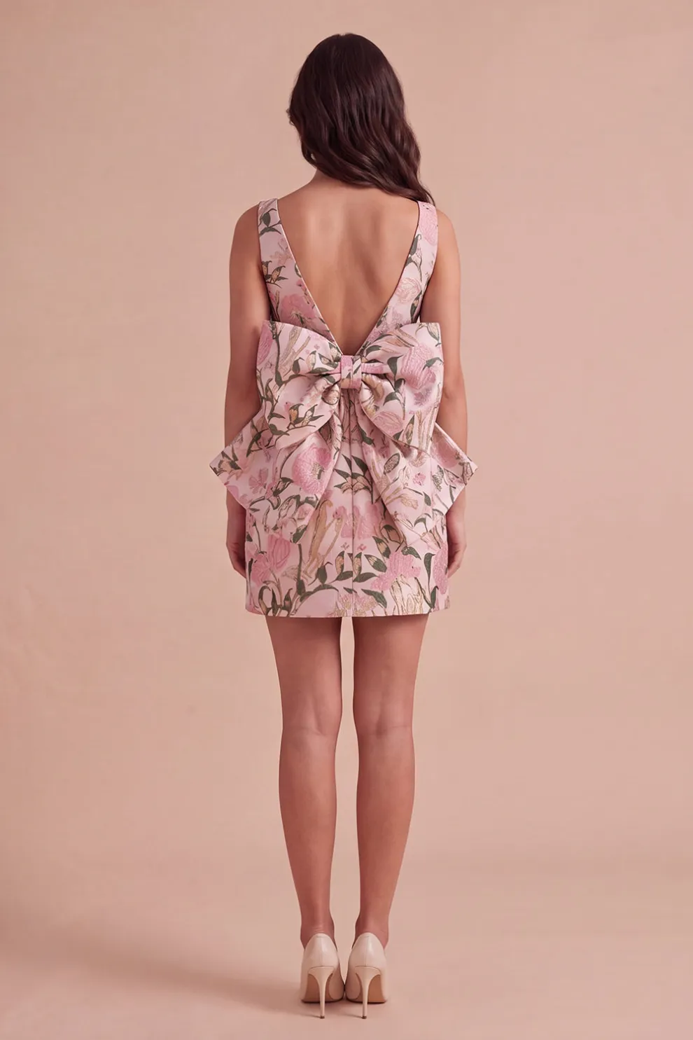 Pink Green Floral Jacquard Boat Neck Bodycon Short Homecoming Dress with Bow