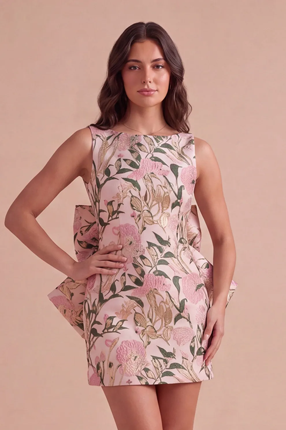 Pink Green Floral Jacquard Boat Neck Bodycon Short Homecoming Dress with Bow