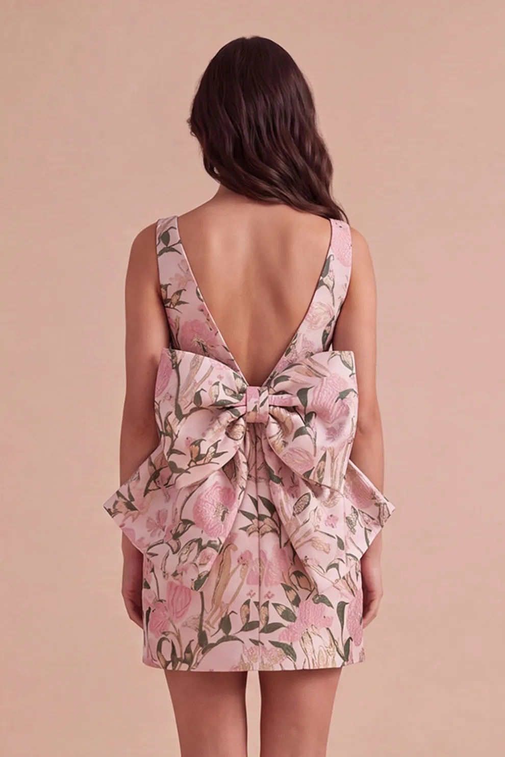 Pink Green Floral Jacquard Boat Neck Bodycon Short Homecoming Dress with Bow