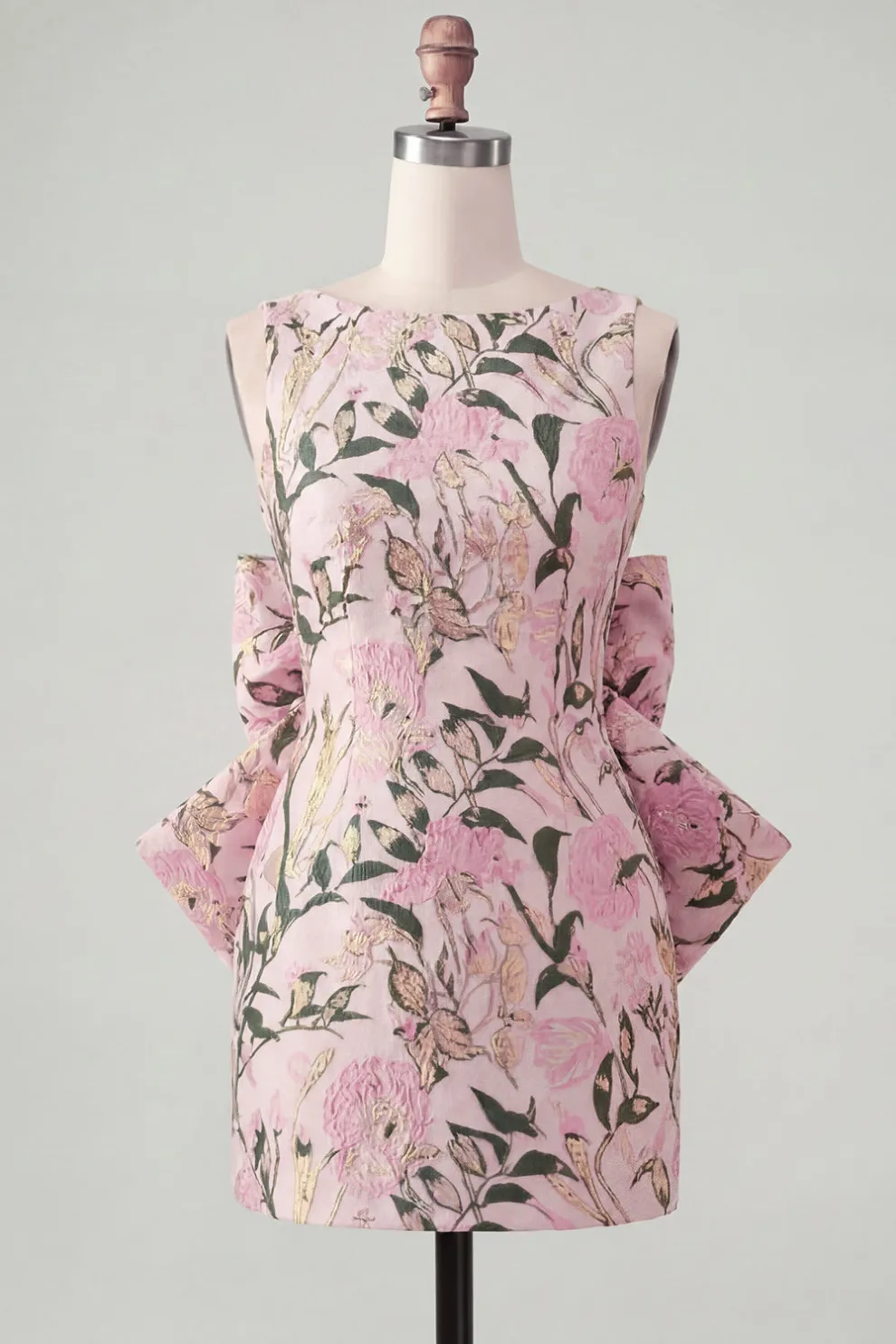 Pink Green Floral Jacquard Boat Neck Bodycon Short Homecoming Dress with Bow