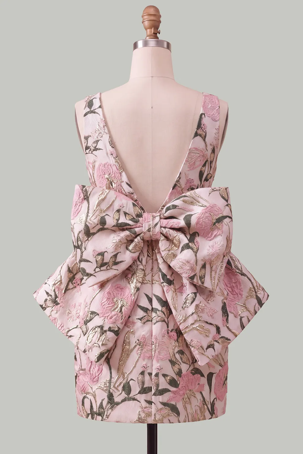 Pink Green Floral Jacquard Boat Neck Bodycon Short Homecoming Dress with Bow
