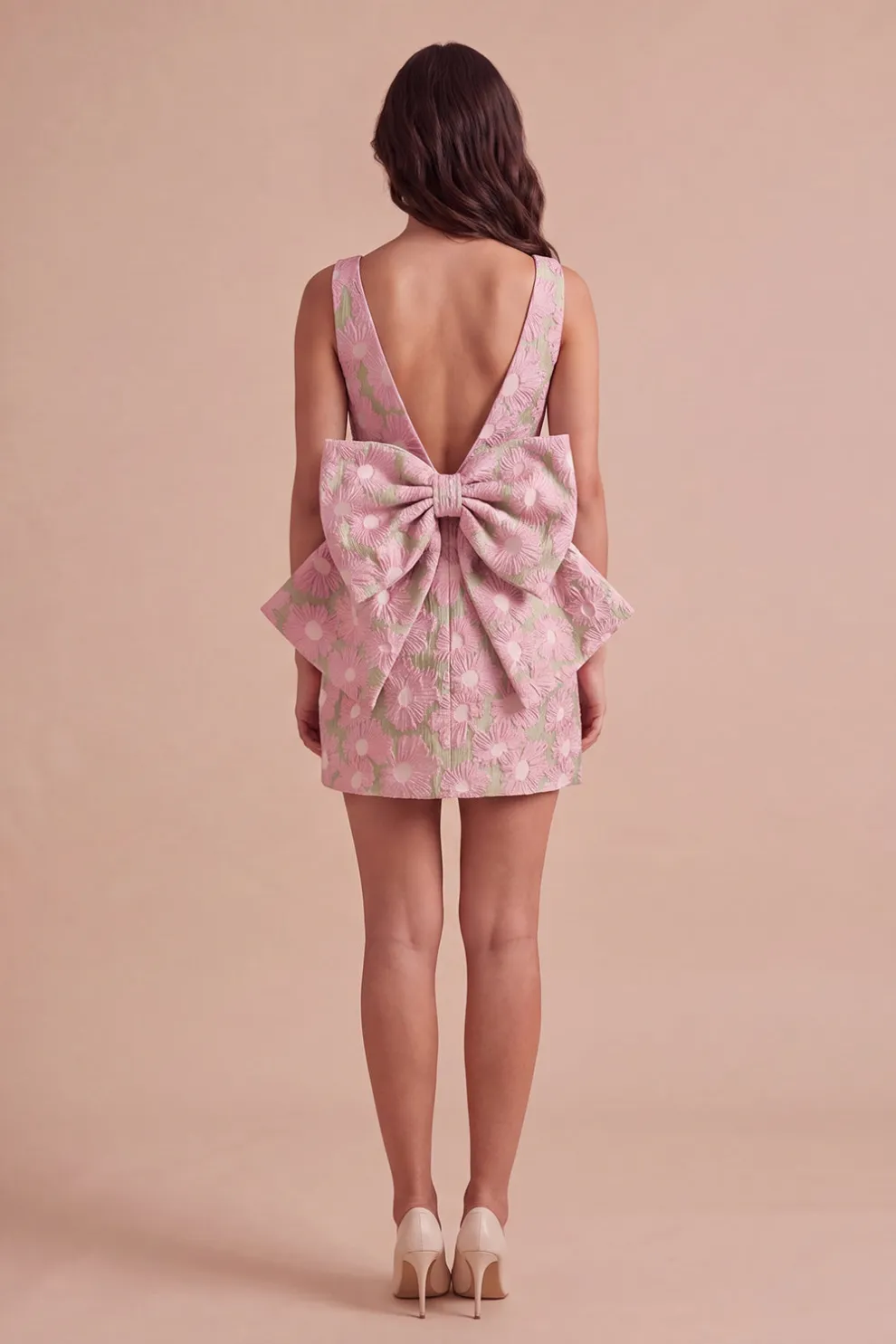 Pink Green Floral Jacquard Boat Neck Bodycon Short Homecoming Dress with Bow