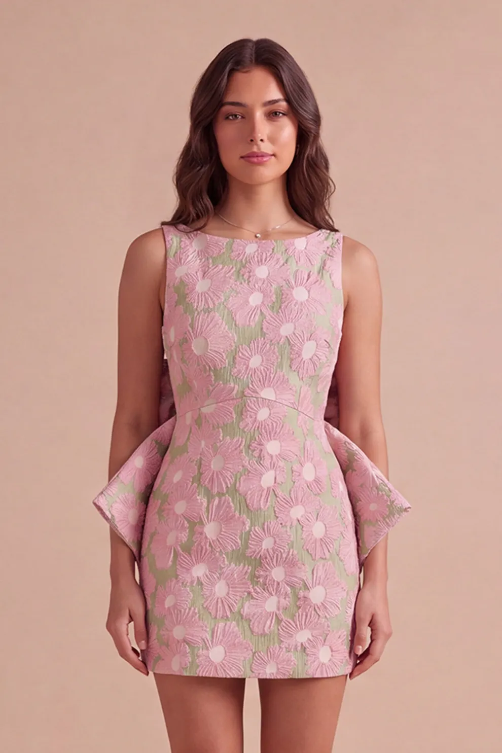 Pink Green Floral Jacquard Boat Neck Bodycon Short Homecoming Dress with Bow