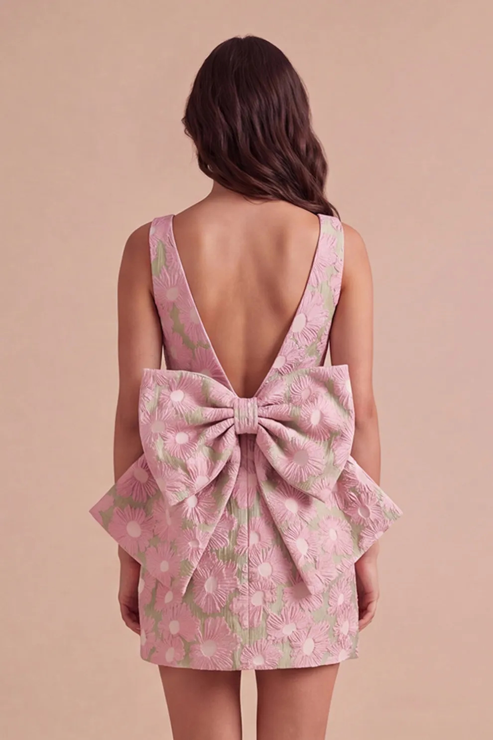 Pink Green Floral Jacquard Boat Neck Bodycon Short Homecoming Dress with Bow