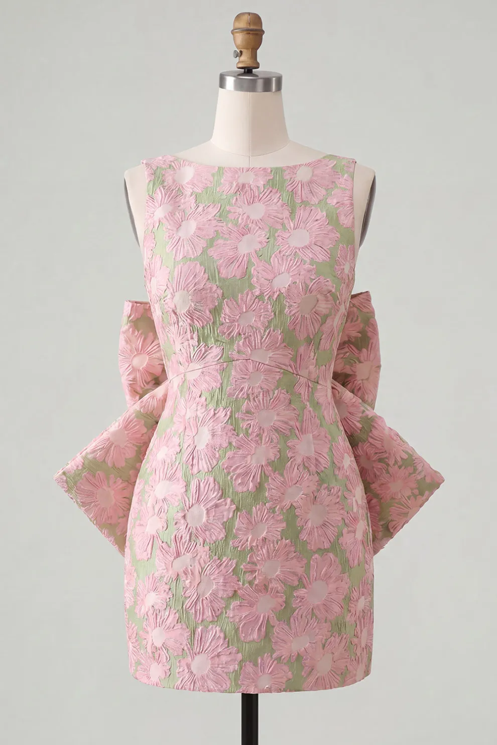Pink Green Floral Jacquard Boat Neck Bodycon Short Homecoming Dress with Bow