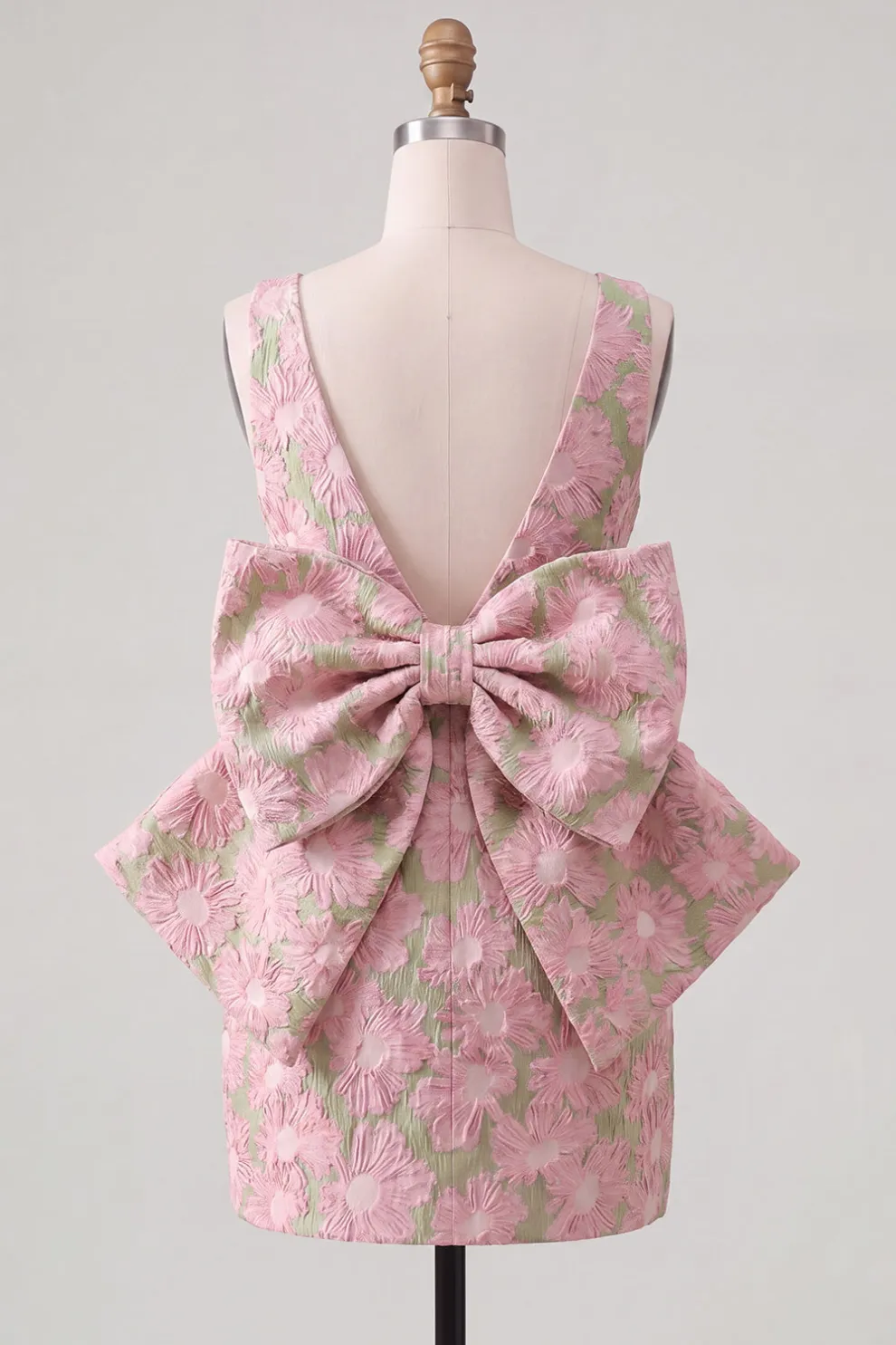 Pink Green Floral Jacquard Boat Neck Bodycon Short Homecoming Dress with Bow