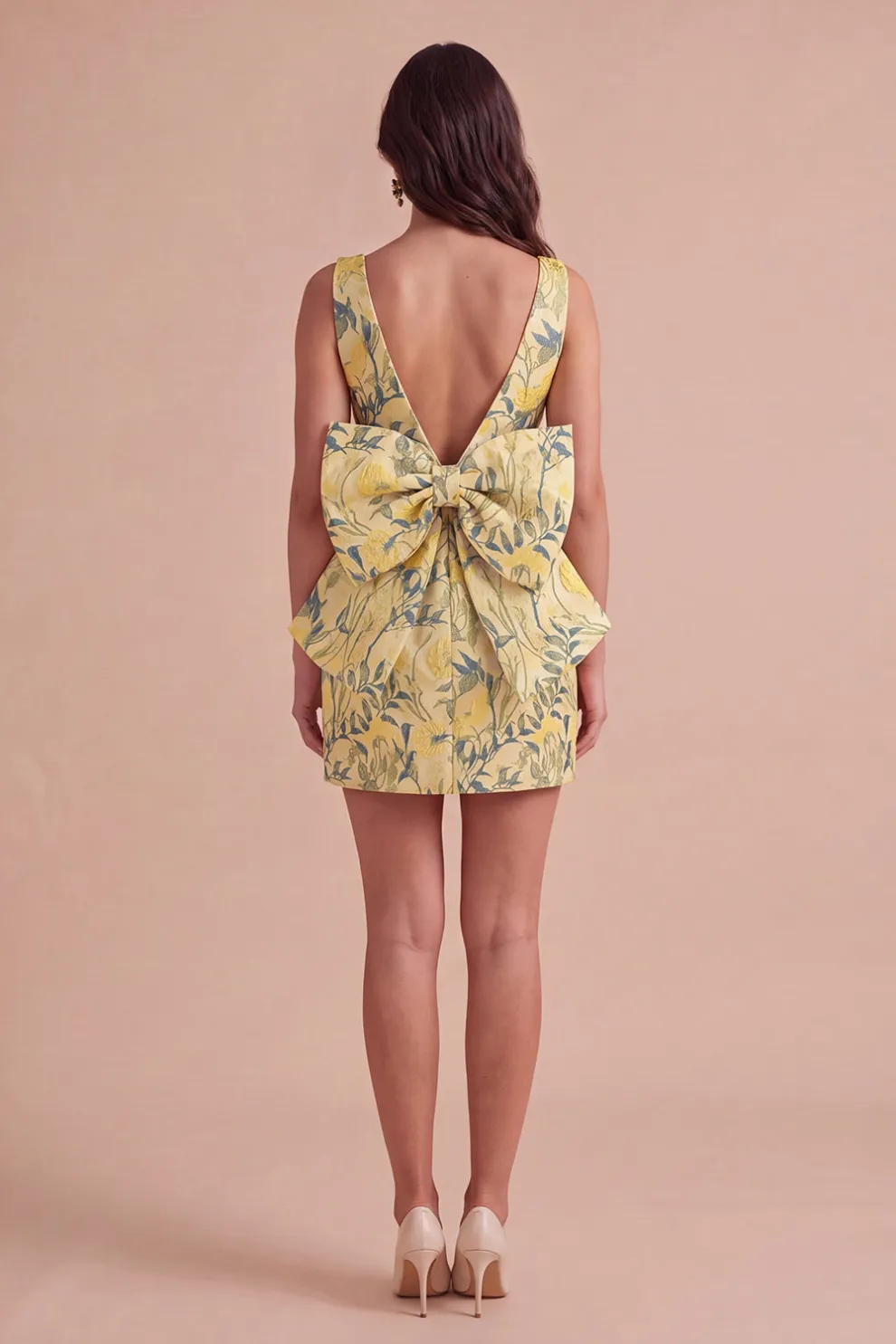 Pink Green Floral Jacquard Boat Neck Bodycon Short Homecoming Dress with Bow