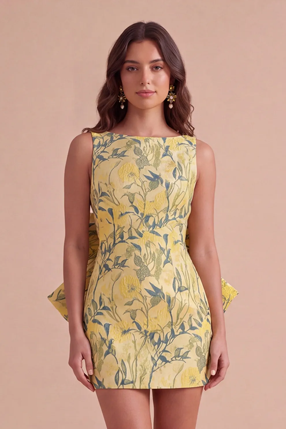 Pink Green Floral Jacquard Boat Neck Bodycon Short Homecoming Dress with Bow