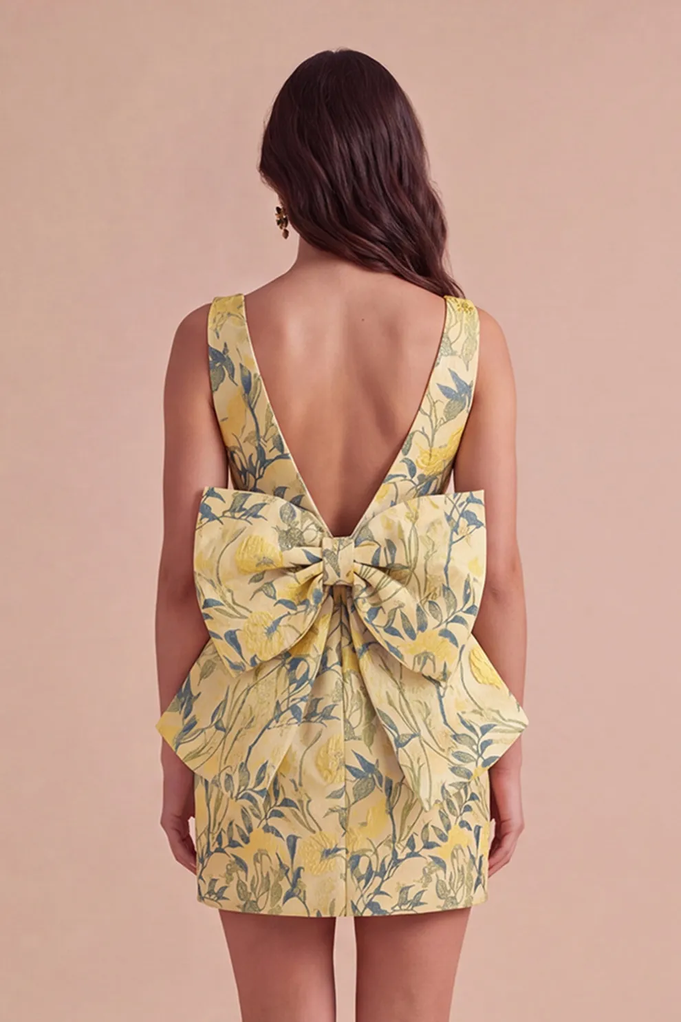 Pink Green Floral Jacquard Boat Neck Bodycon Short Homecoming Dress with Bow
