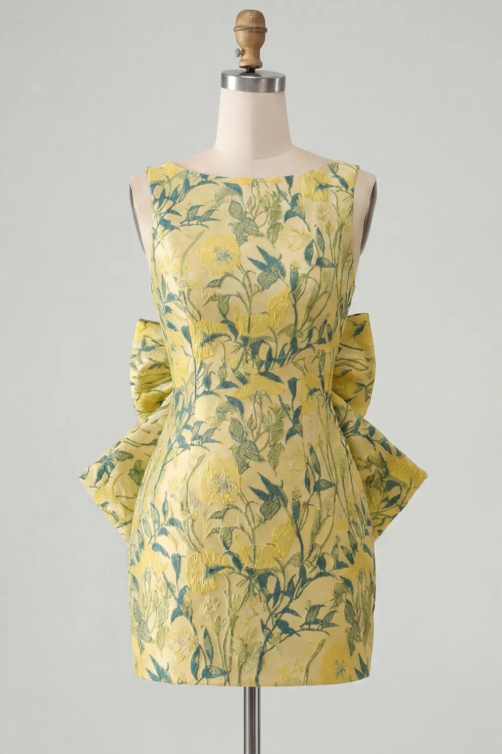 Pink Green Floral Jacquard Boat Neck Bodycon Short Homecoming Dress with Bow