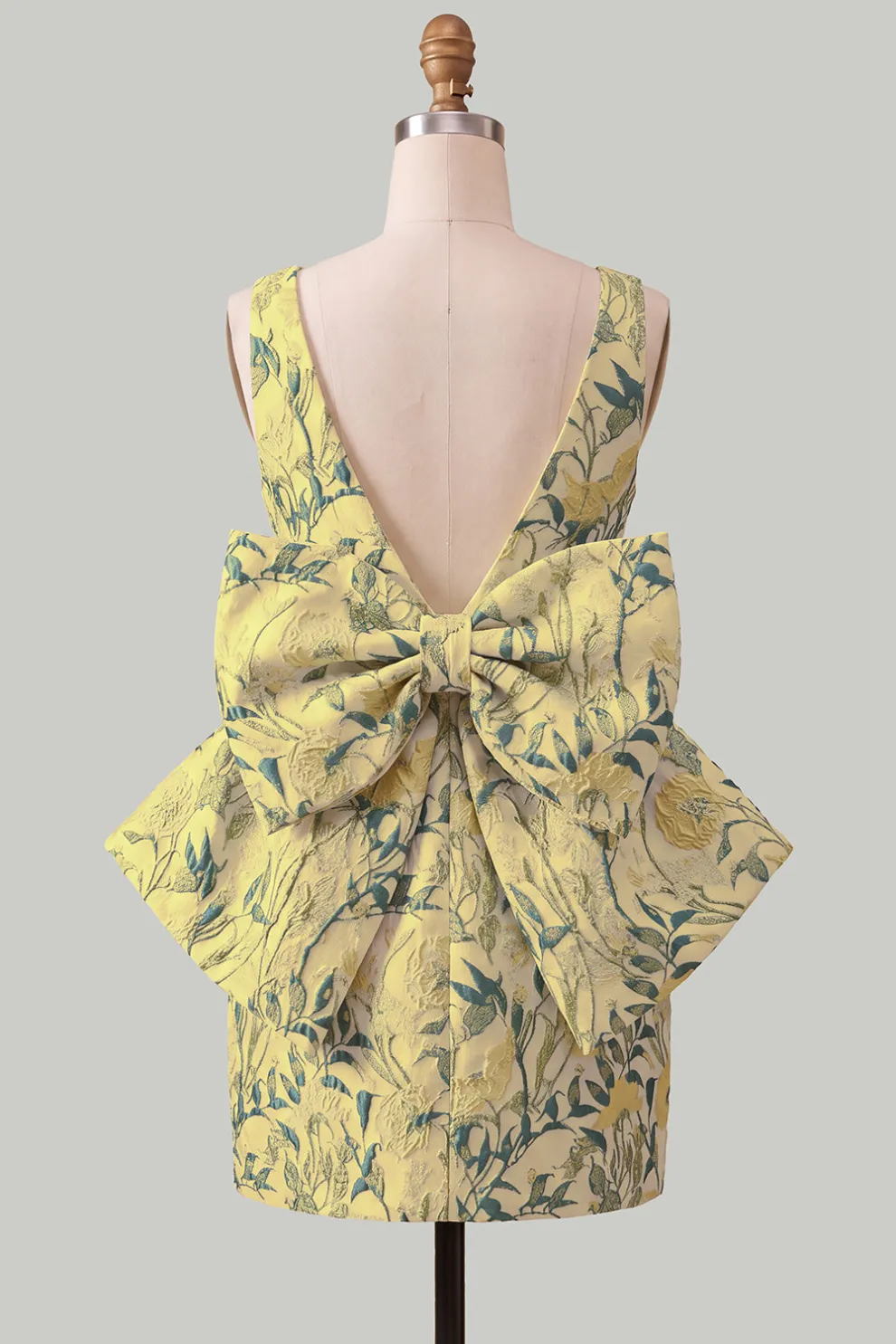 Pink Green Floral Jacquard Boat Neck Bodycon Short Homecoming Dress with Bow