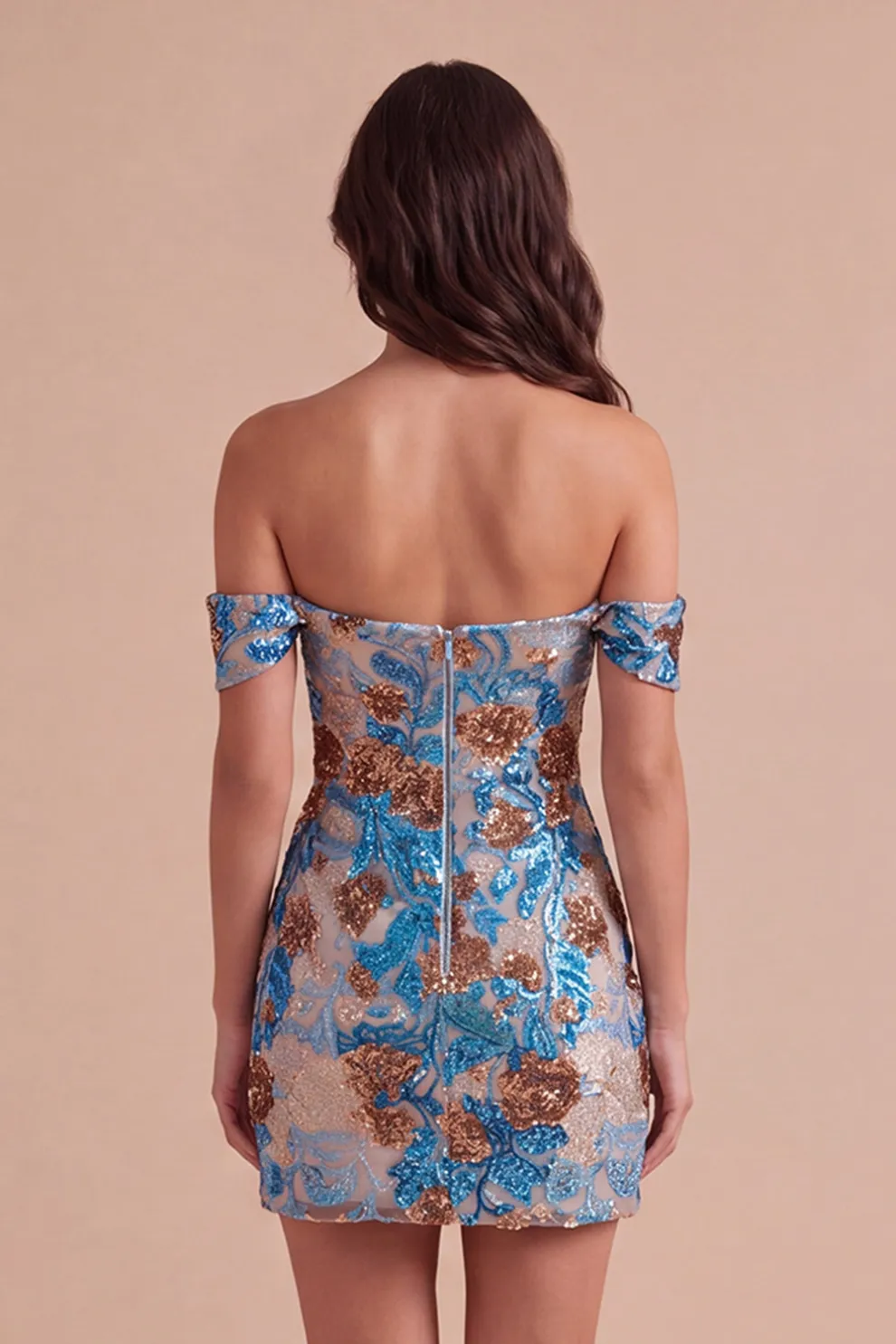 Sparkly Sequins Blue Floral Bodycon Off the Shoulder Short Homecoming Dress