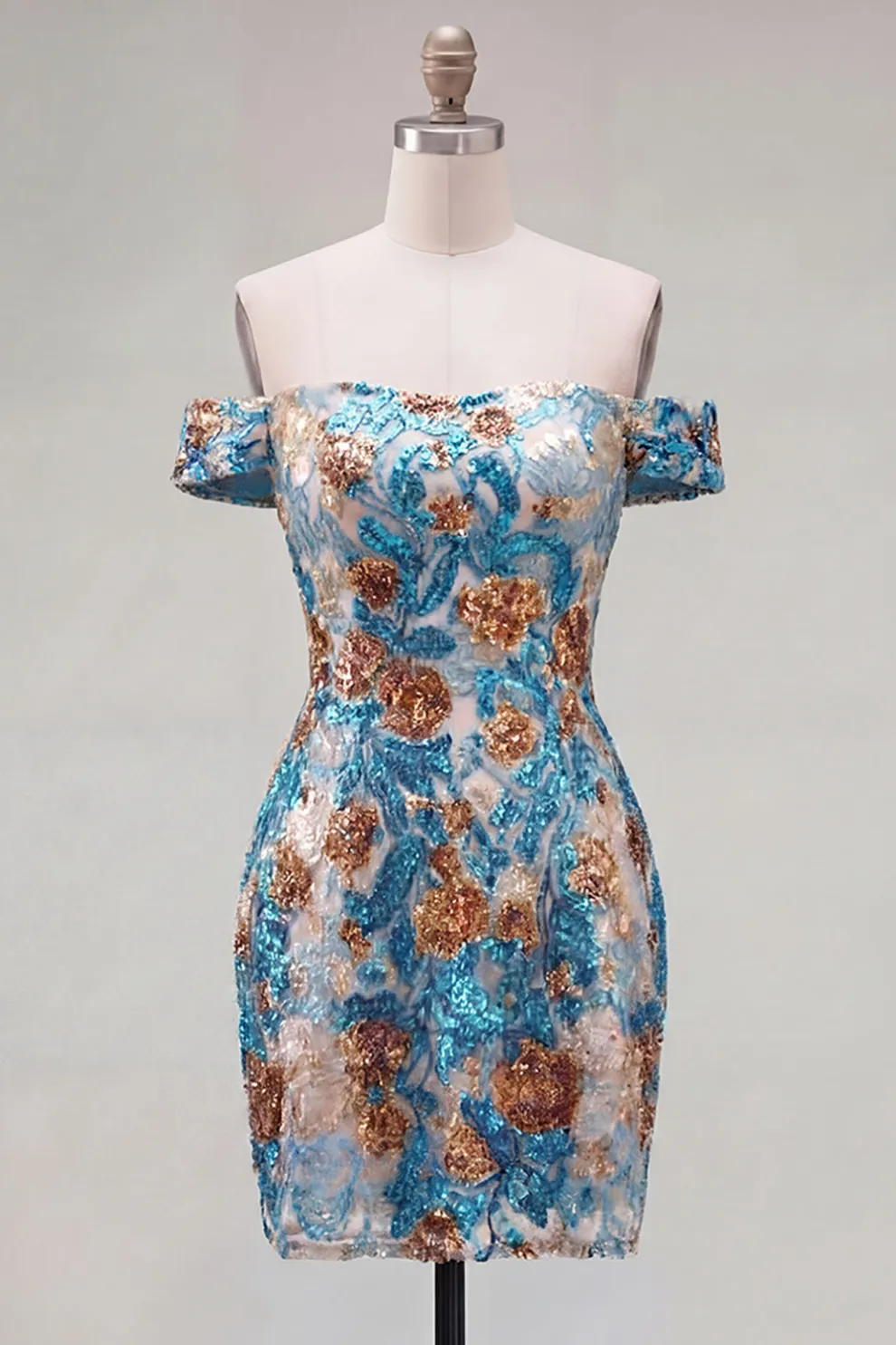 Sparkly Sequins Blue Floral Bodycon Off the Shoulder Short Homecoming Dress