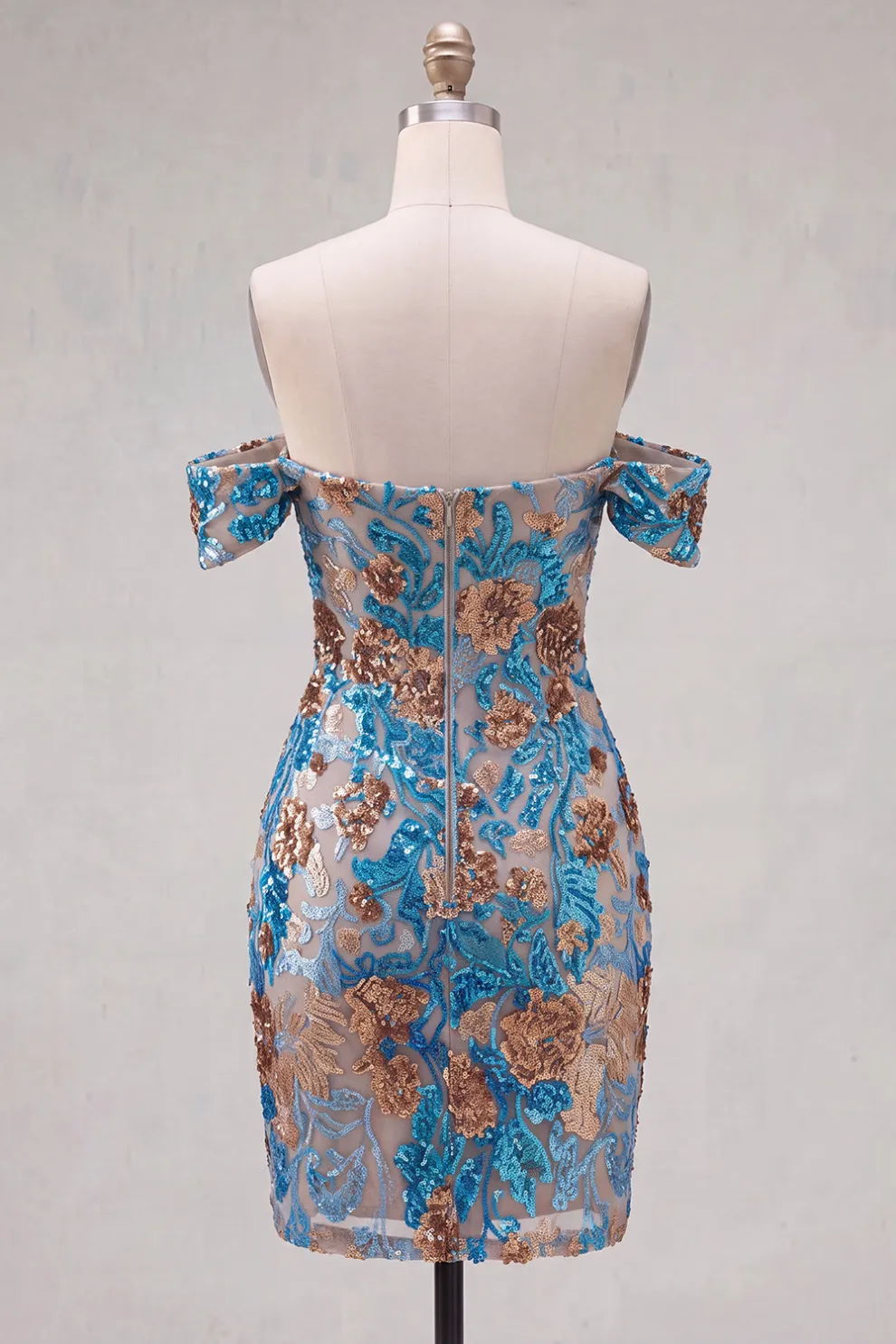 Sparkly Sequins Blue Floral Bodycon Off the Shoulder Short Homecoming Dress