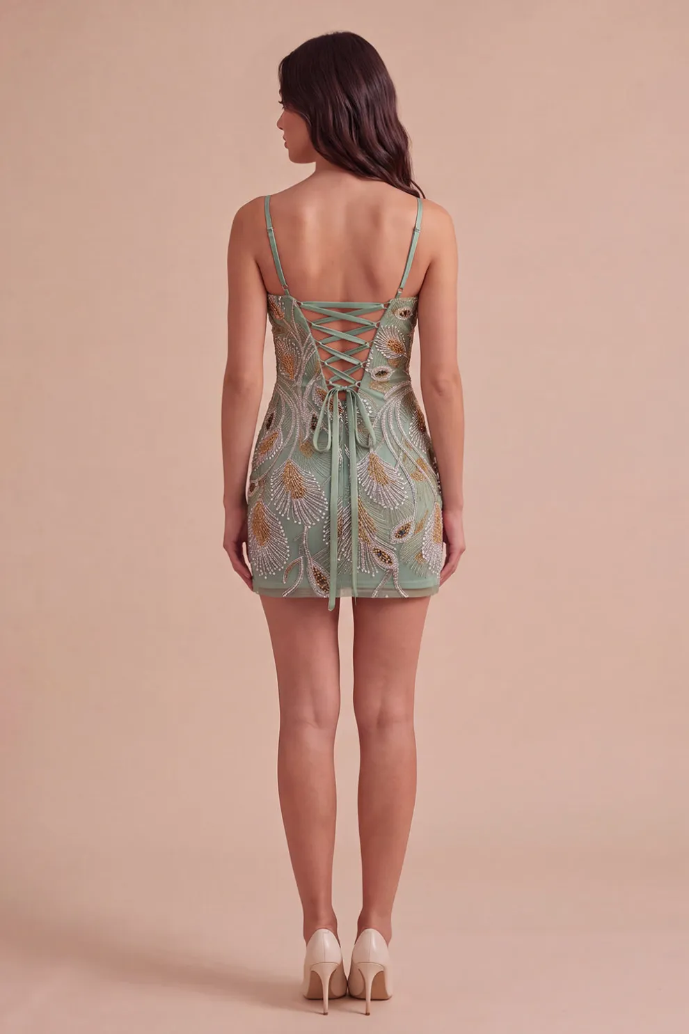 Sparkly Beaded Sage Green Floral Bodycon Spaghetti Straps Short Homecoming Dress