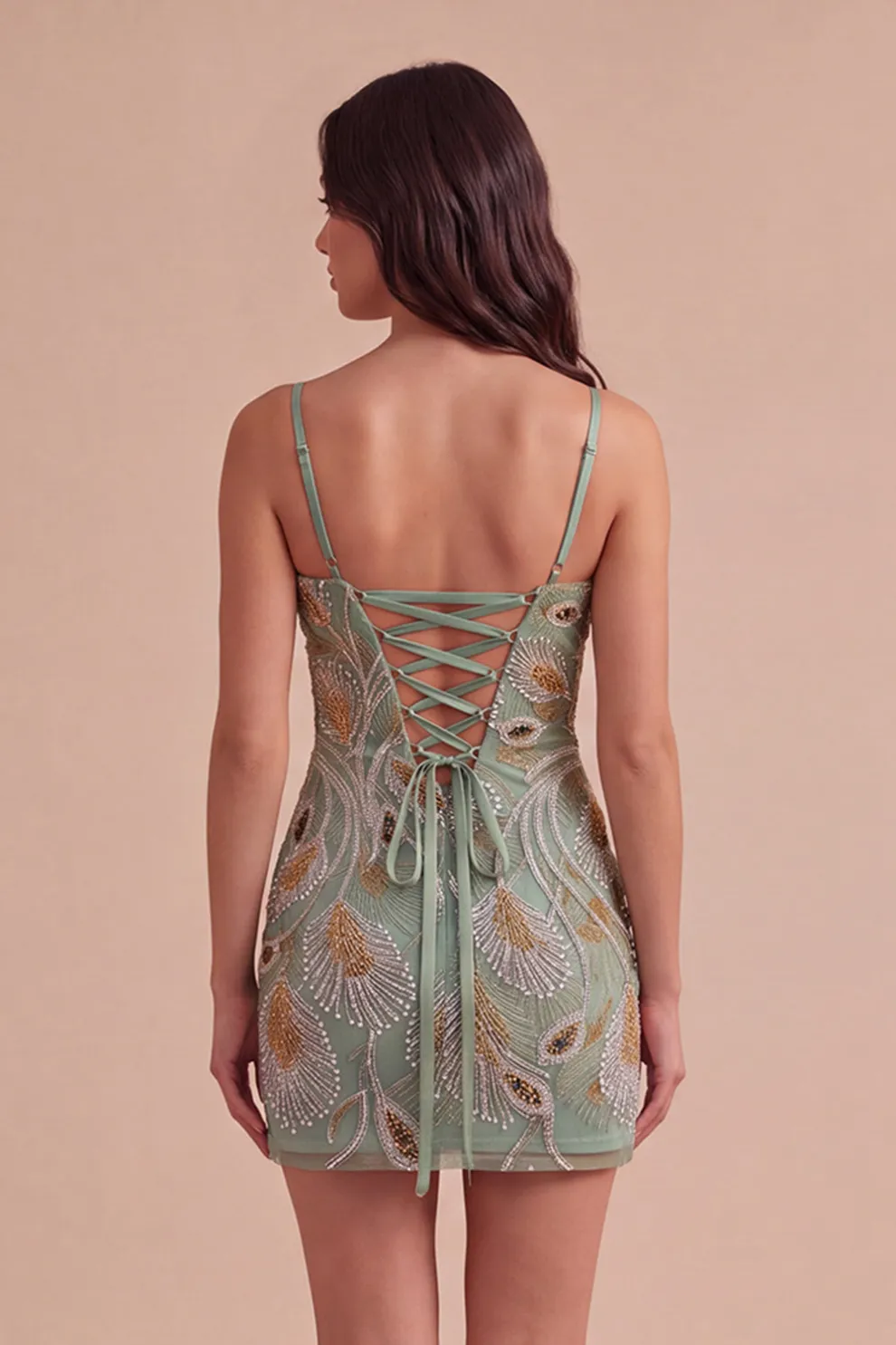 Sparkly Beaded Sage Green Floral Bodycon Spaghetti Straps Short Homecoming Dress