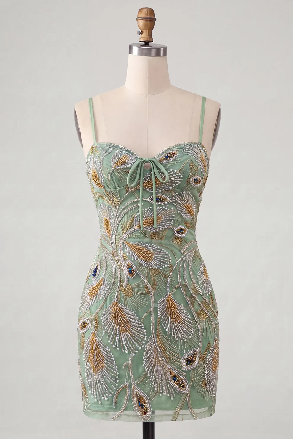 Sparkly Beaded Sage Green Floral Bodycon Spaghetti Straps Short Homecoming Dress