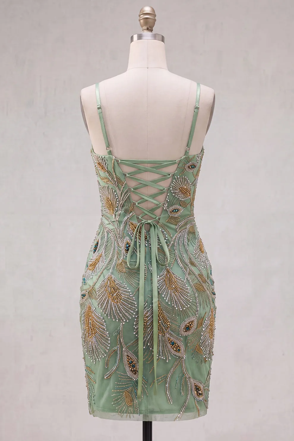 Sparkly Beaded Sage Green Floral Bodycon Spaghetti Straps Short Homecoming Dress