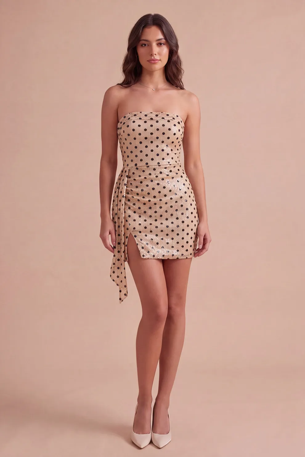 Champagne Black Dot Sparkly Sequins Bodycon Short Homecoming Dress with Sash