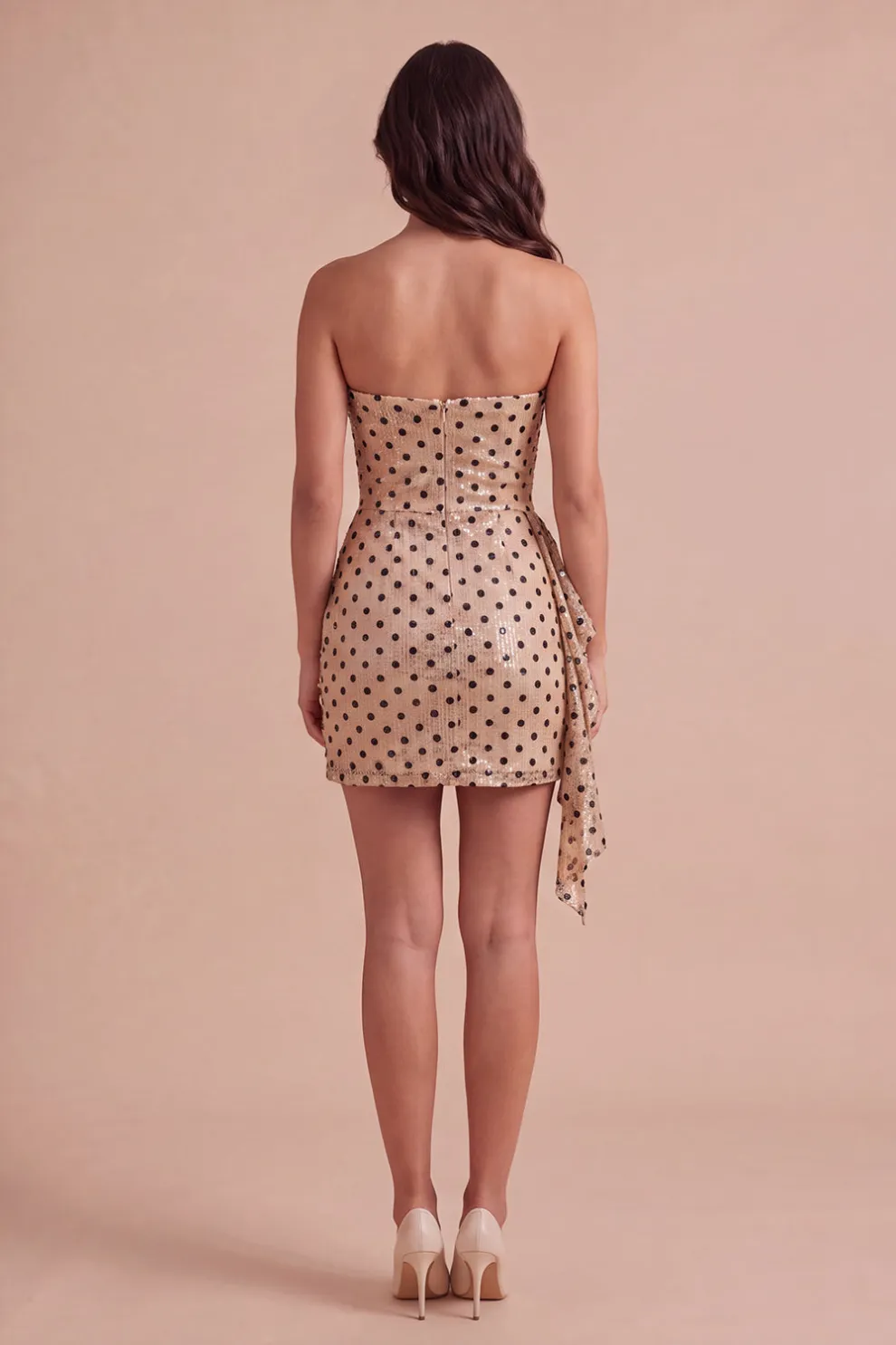 Champagne Black Dot Sparkly Sequins Bodycon Short Homecoming Dress with Sash