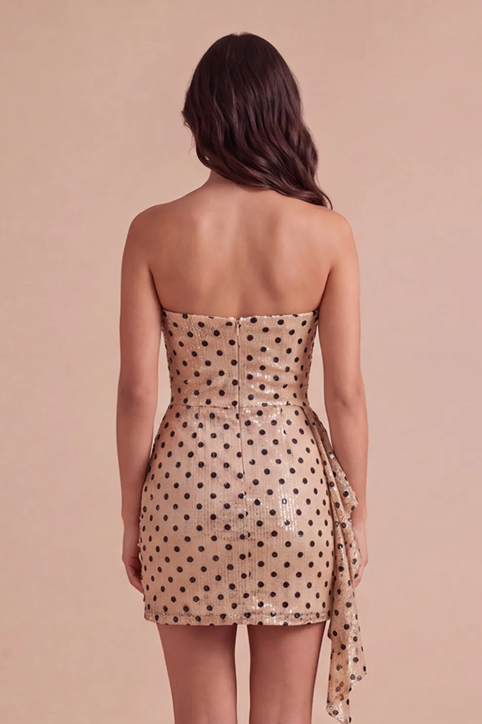 Champagne Black Dot Sparkly Sequins Bodycon Short Homecoming Dress with Sash