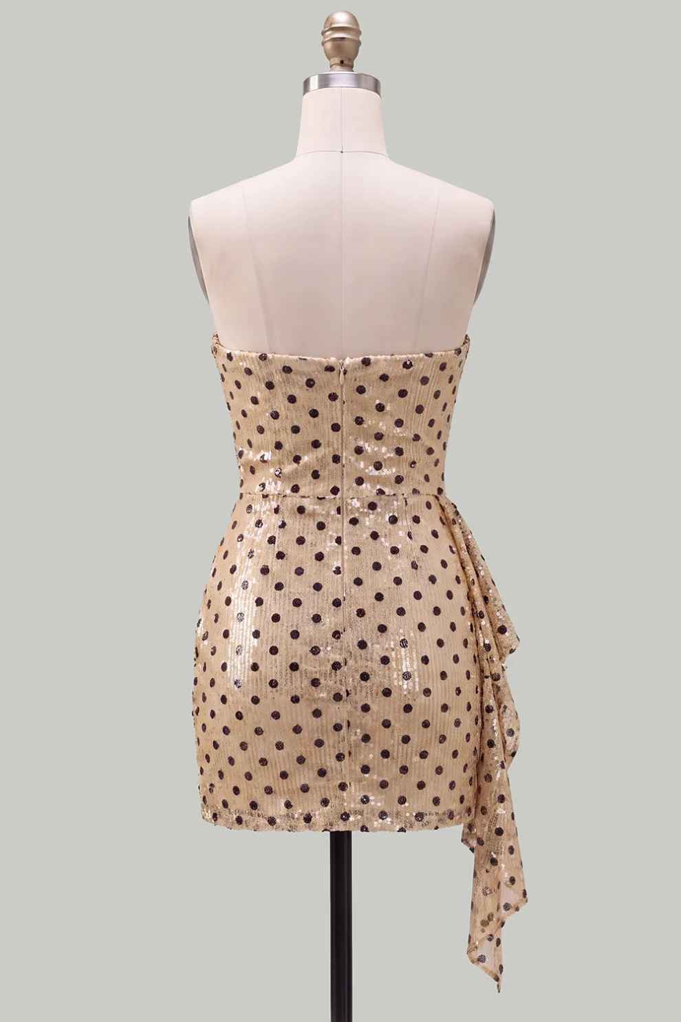 Champagne Black Dot Sparkly Sequins Bodycon Short Homecoming Dress with Sash