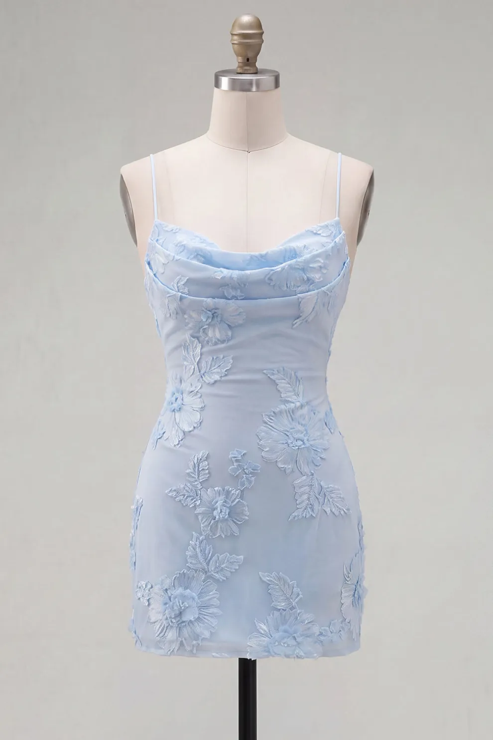 Blue Floral Appliqued Bodycon Ruched Short Homecoming Dress