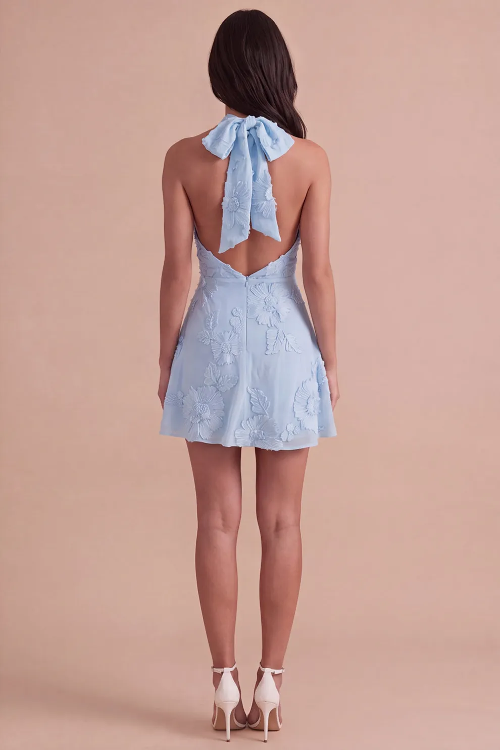 Blue Floral Appliqued Halter A-Line Short Homecoming Dress