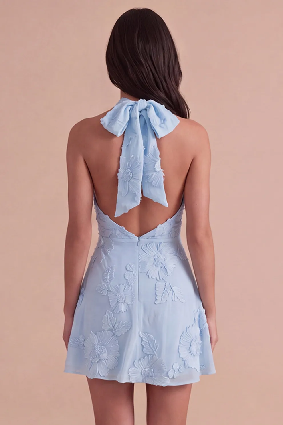 Blue Floral Appliqued Halter A-Line Short Homecoming Dress