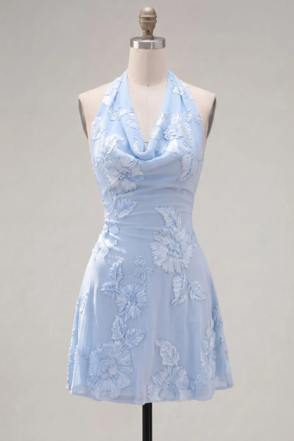 Blue Floral Appliqued Halter A-Line Short Homecoming Dress