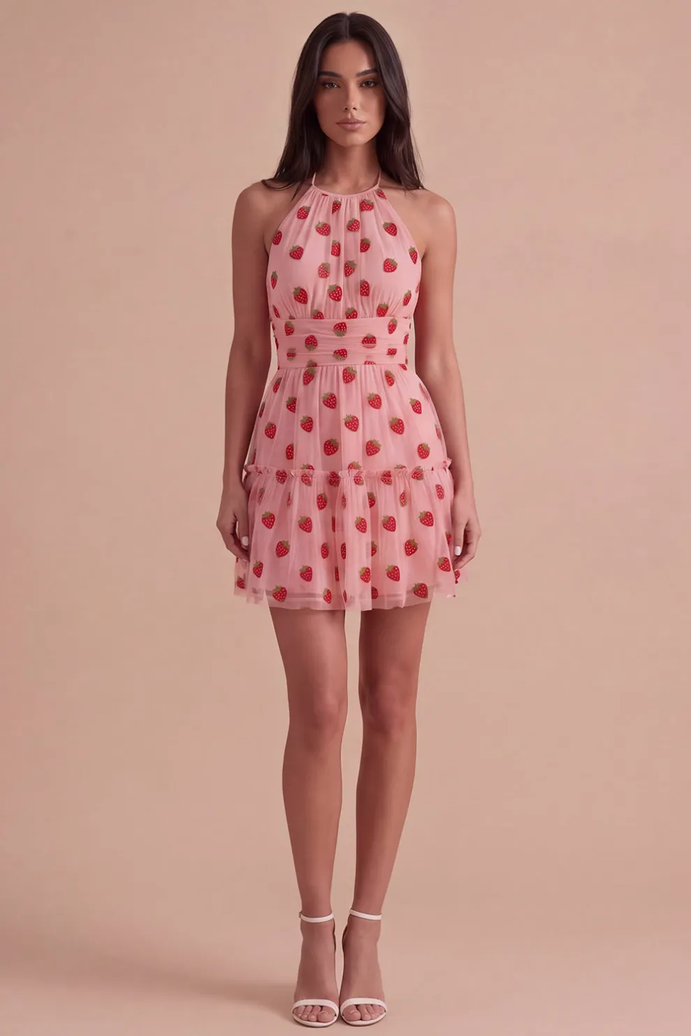 Pink Halter Strawberry A-Line Ruffled Tiered Short Homecoming Dress